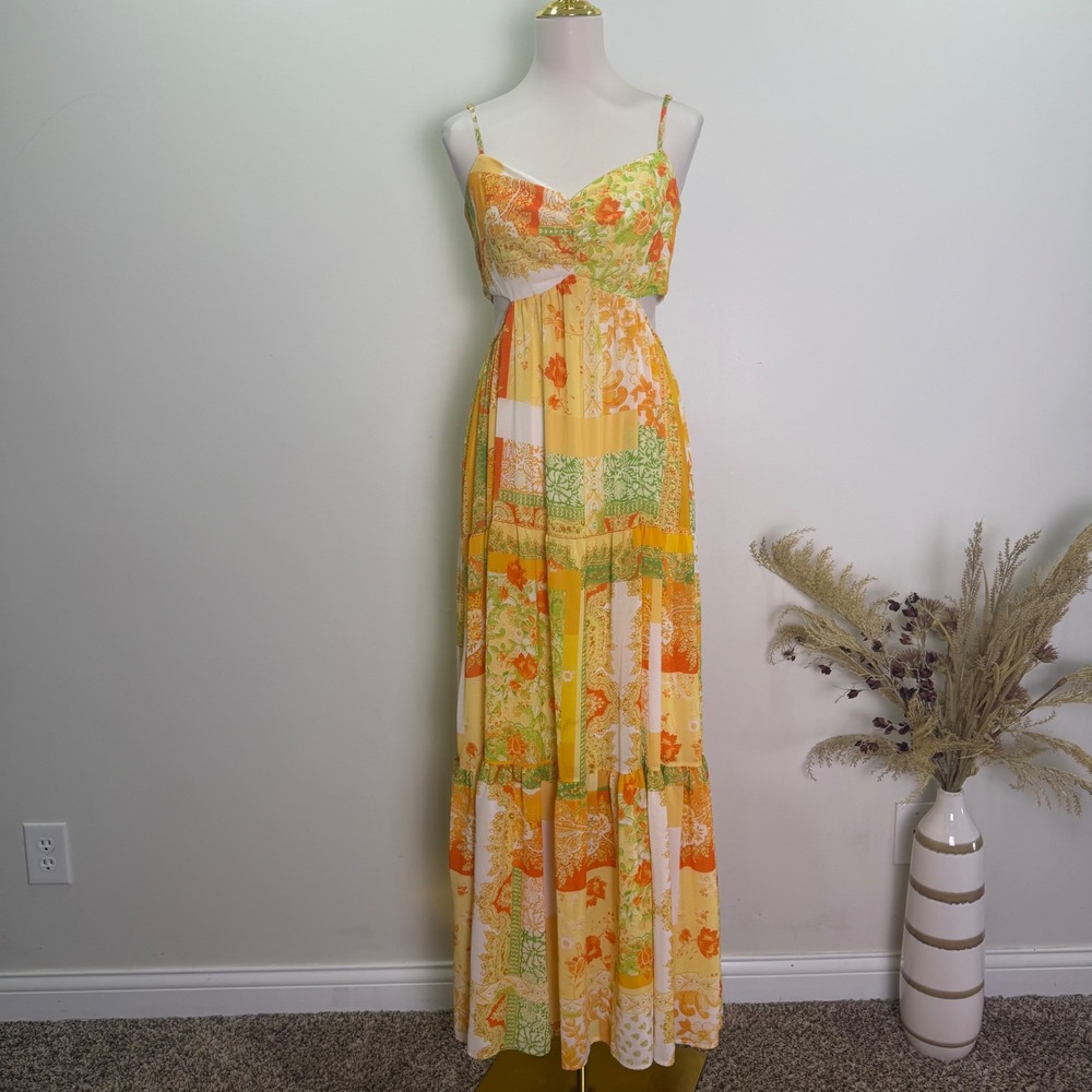 Flying Tomato Size L Yellow Patchwork Paisley Cutout Tiered Maxi Dress